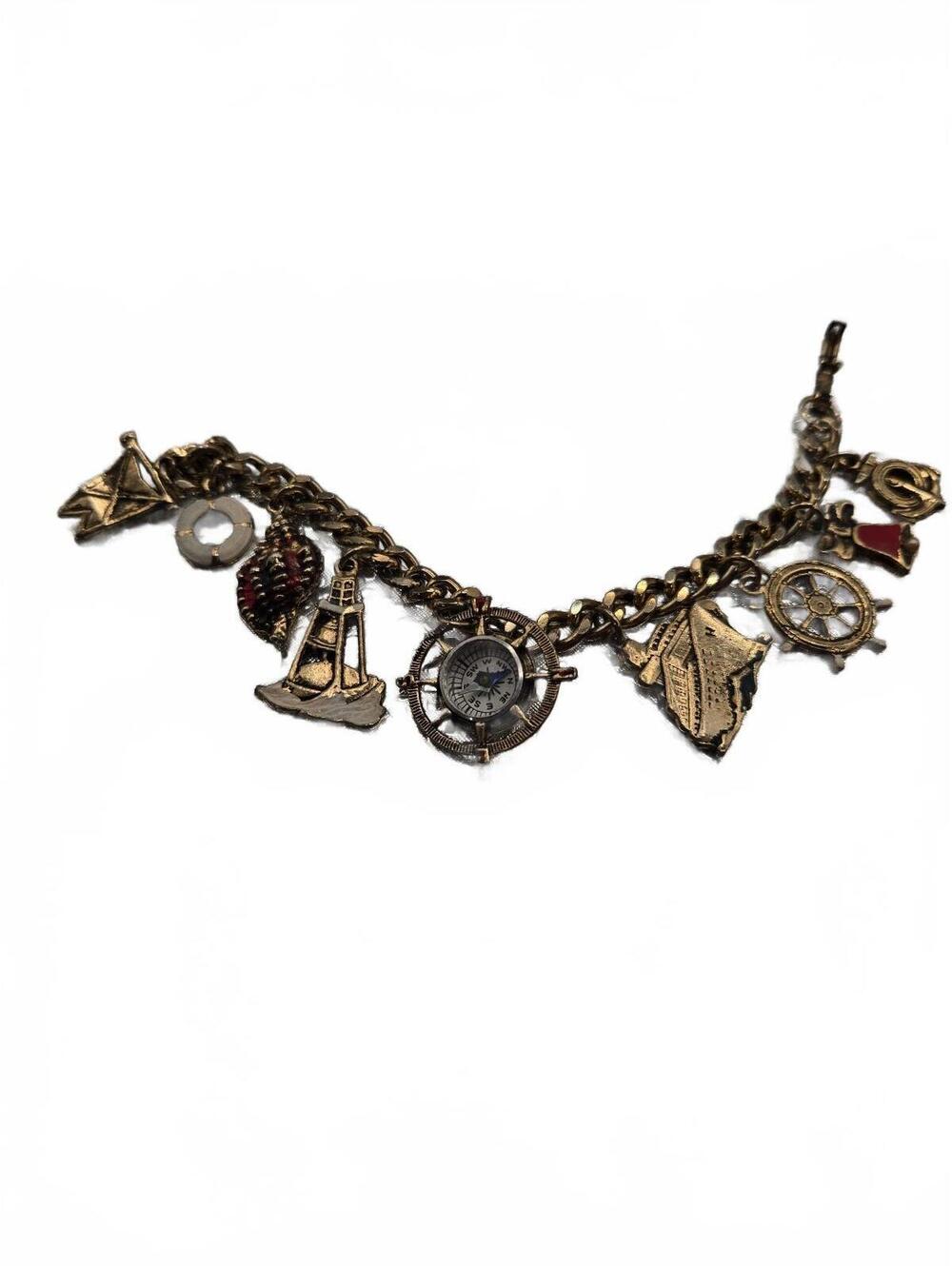 Vintage Nautical Charm Bracelet with Compass and Maritime Pendants